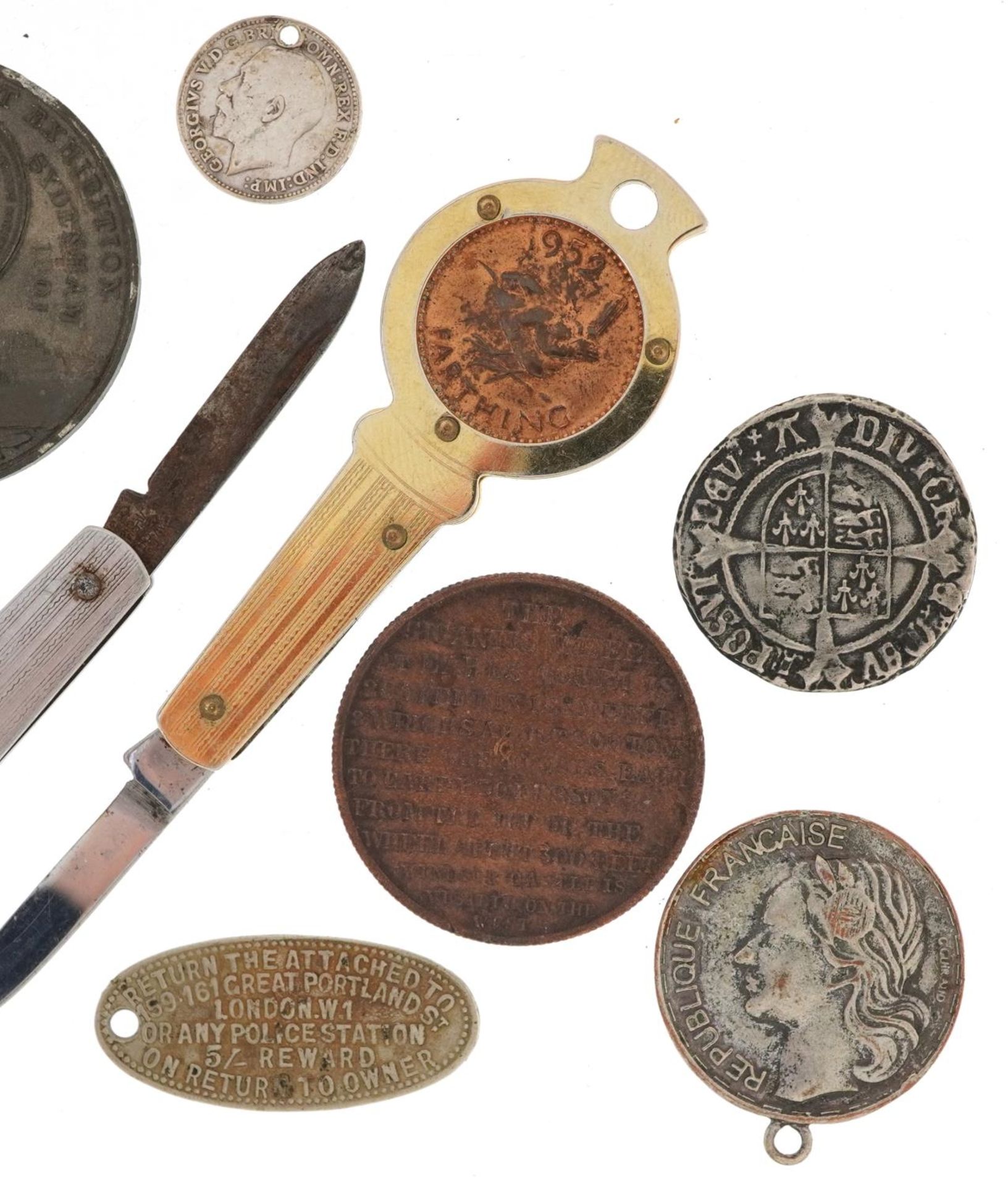Coins and medallions including two Penny-Farthing folding pocket knives and an Earls Court - Bild 6 aus 6