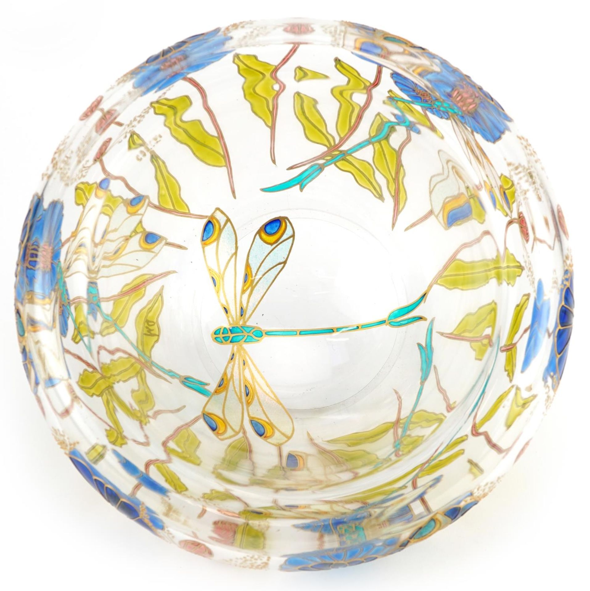 Double walled art glass bowl hand painted with dragonflies amongst flowers, 25.5cm in diameter - Bild 3 aus 5