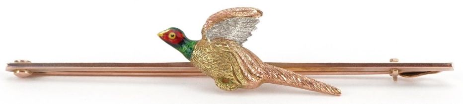 9ct gold platinum and enamel bar brooch in the form of a pheasant, 6cm wide, 3.4g