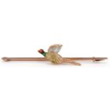 9ct gold platinum and enamel bar brooch in the form of a pheasant, 6cm wide, 3.4g