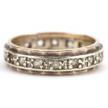 9ct two tone gold white spinel eternity ring, size M/N, 3.8g