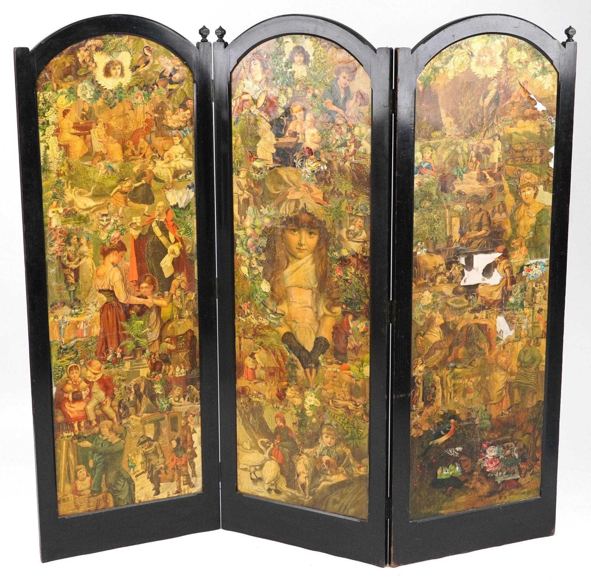 Victorian ebonised three fold decoupage screen, 152cm high x 161cm wide - Image 5 of 8
