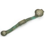 Chinese verdigris ruyi sceptre, 30cm in length