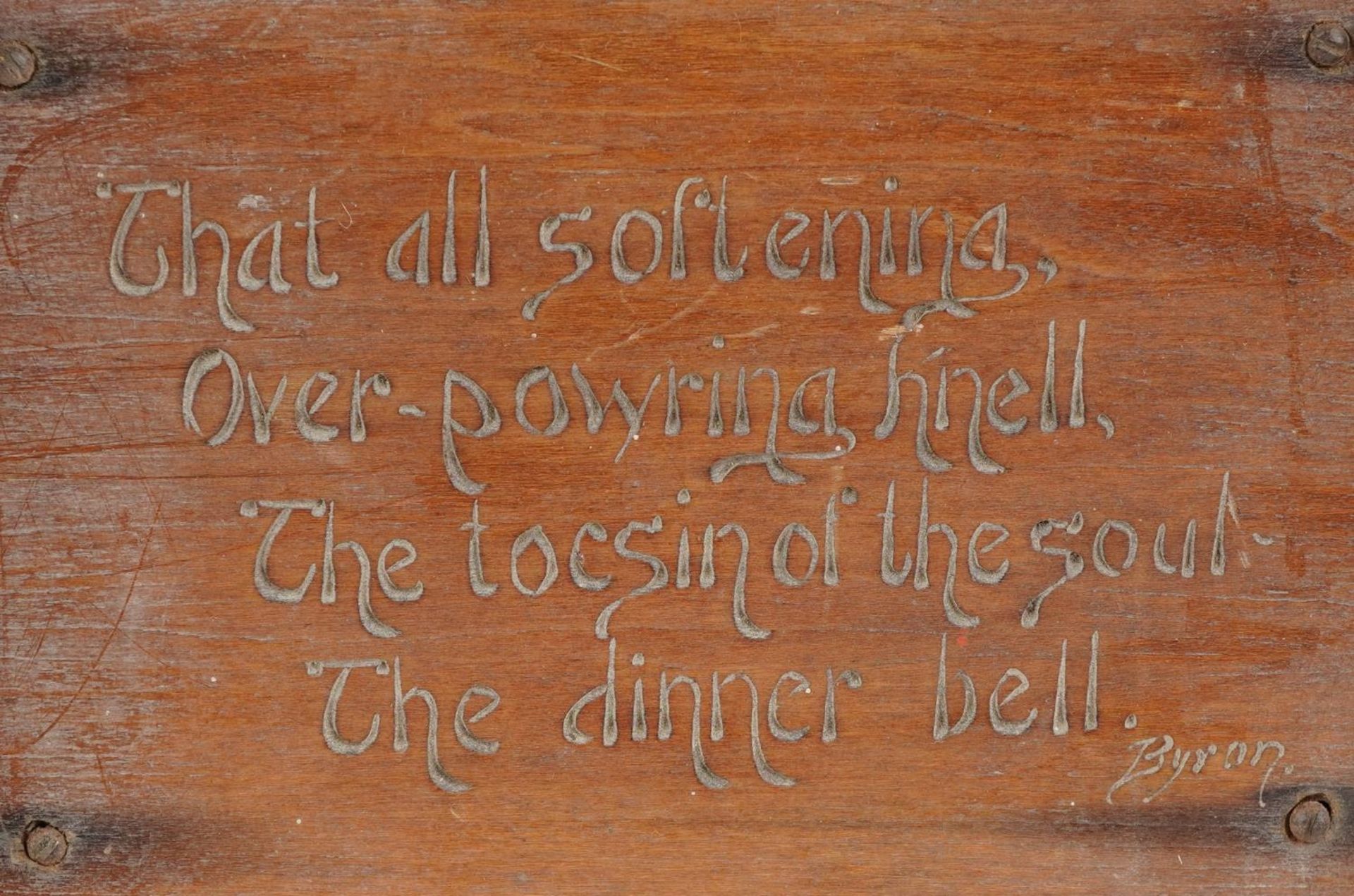 Arts & Crafts oak dinner bell with applied plaque having incised Byron motto, 53cm high - Image 3 of 5