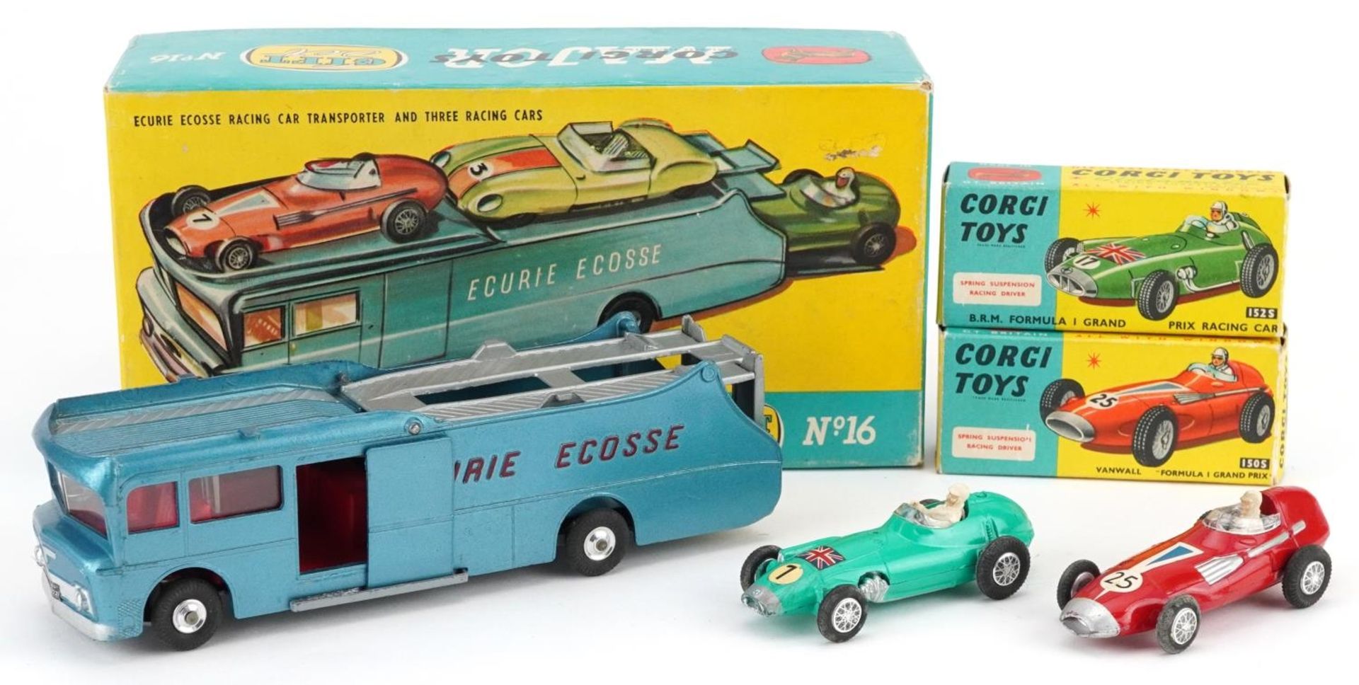 Vintage Corgi Major diecast Ecurie Ecosse racing car transporter with racing cars, gift set no 16