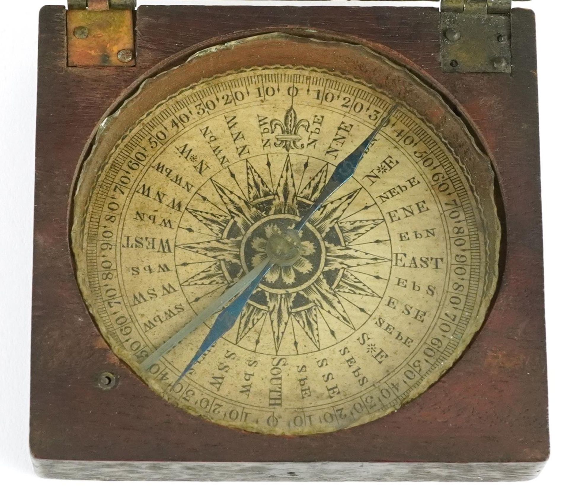 Early 19th century mahogany travelling compass with hinged lid, 8cm wide - Image 2 of 4