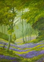 Keith Burtonshaw - Bluebell time, oil on board, inscribed label verso, mounted and framed, 41cm x