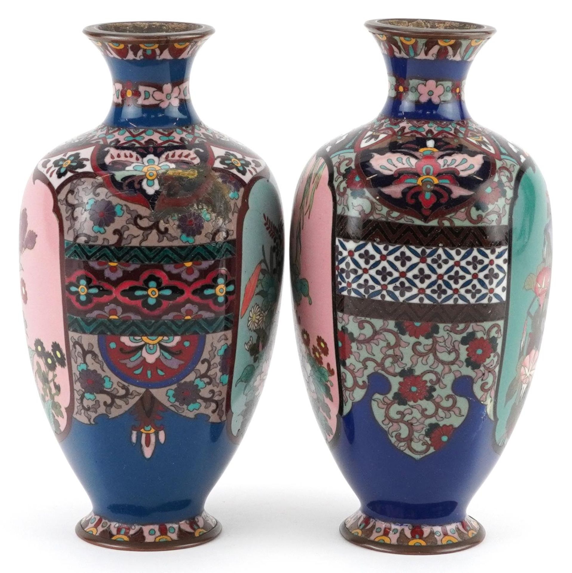 Pair of Japanese cloisonne vases with hexagonal bodies enamelled with panels of flowers, each 18cm - Image 4 of 6