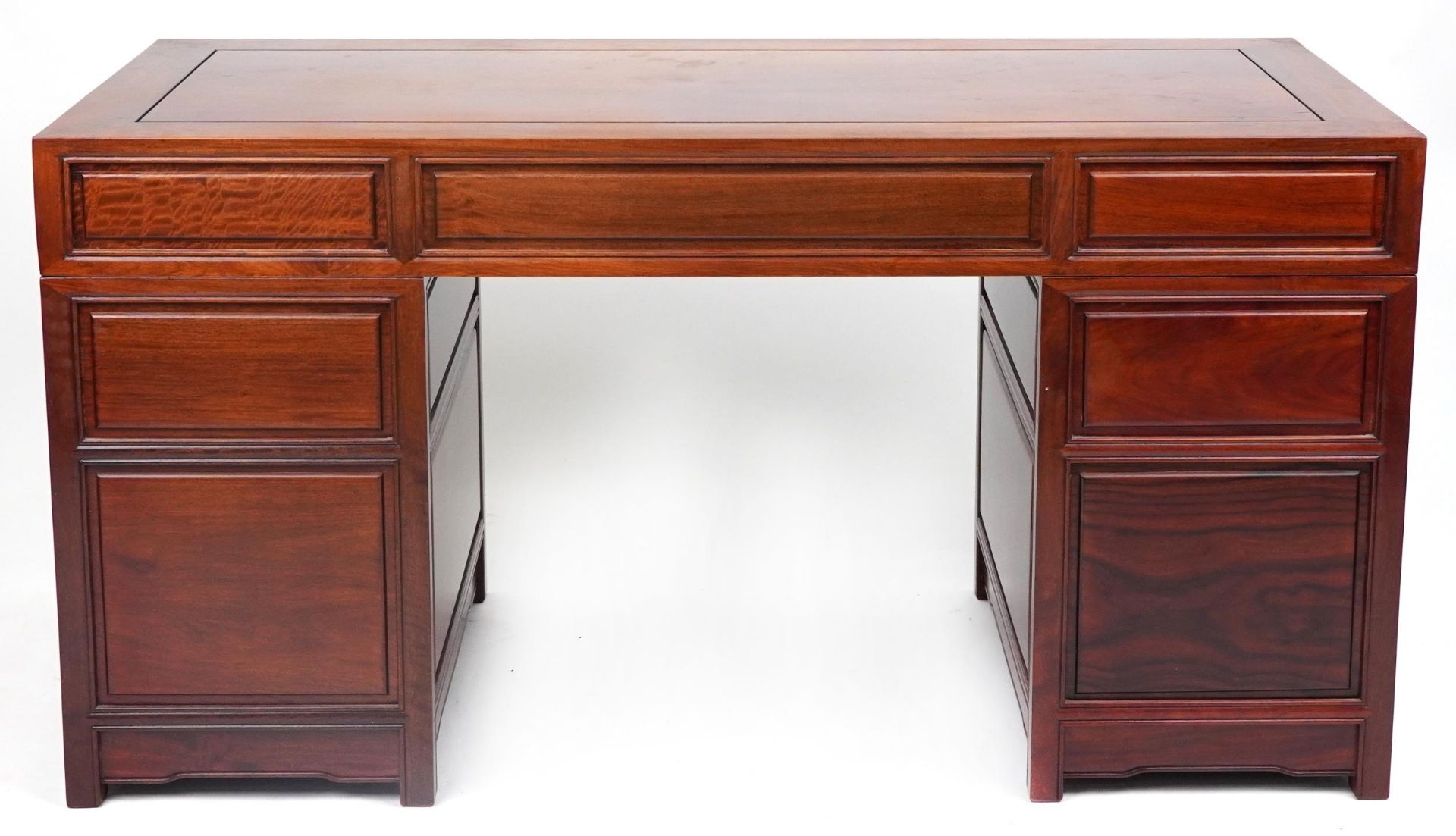 Chinese rosewood twin pedestal desk fitted with an arrangement of seven drawers, with matching - Image 4 of 7