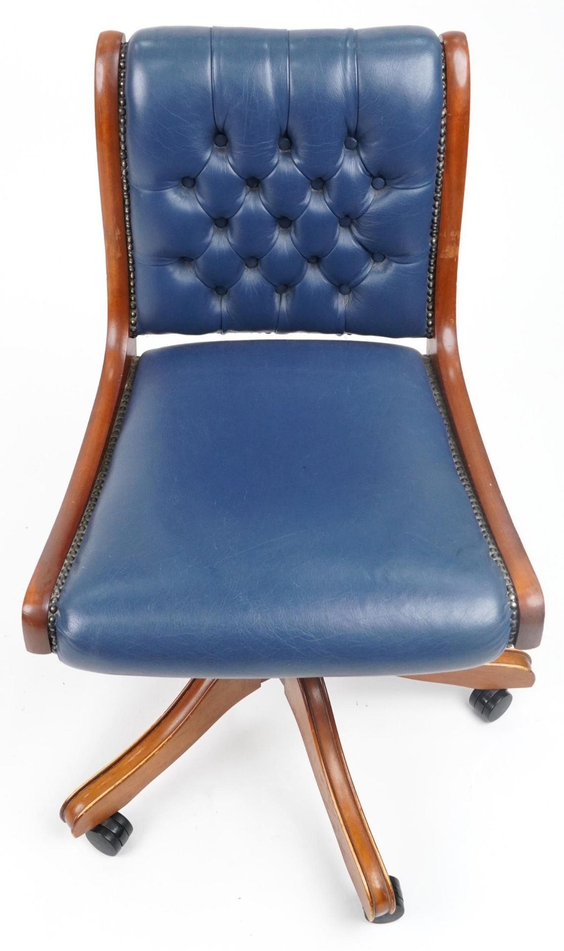 Mahogany and blue leather button back upholstered adjustable desk chair, 89cm high - Image 3 of 4