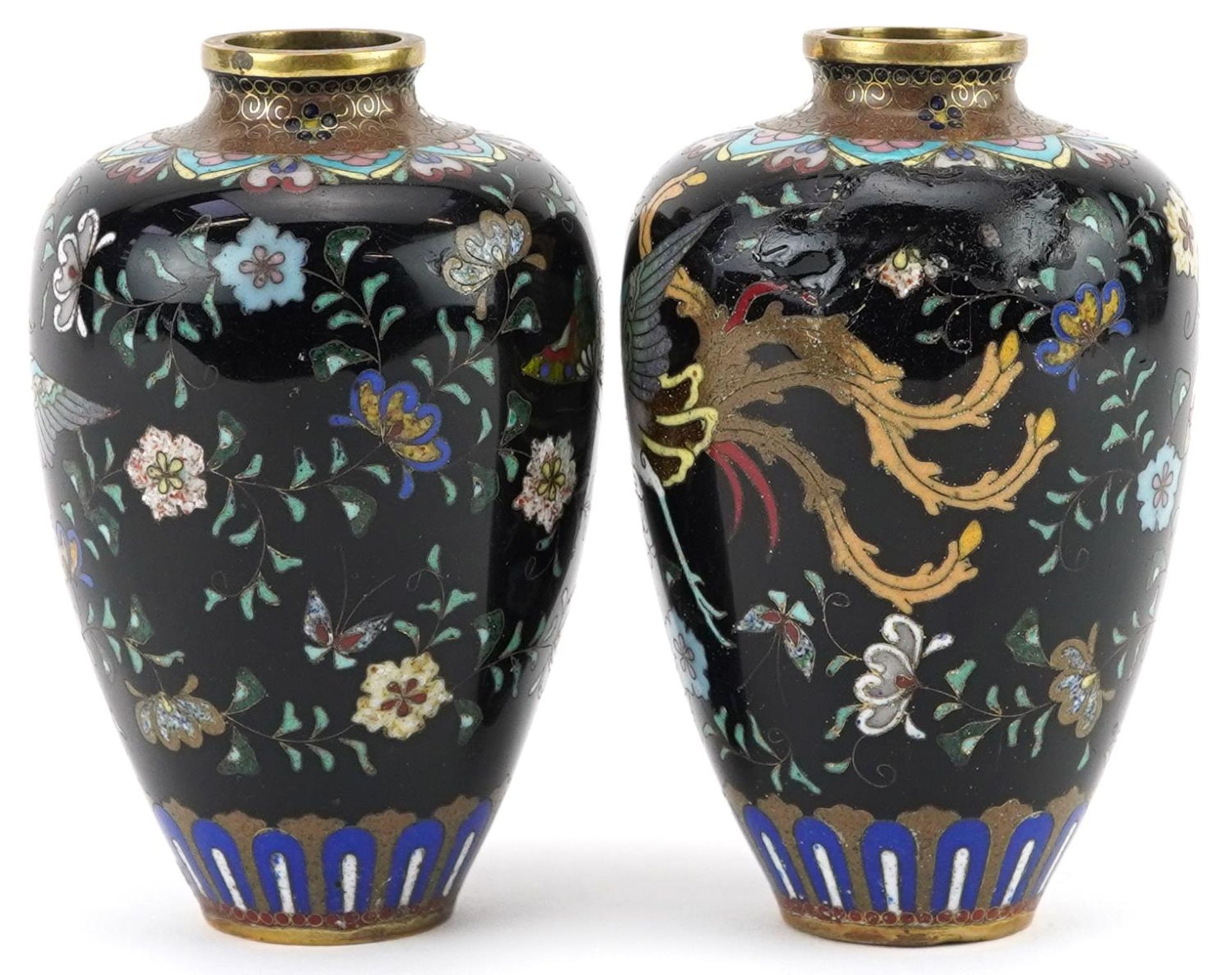 Pair of Japanese cloisonne vases, each enamelled with a mythical bird amongst flowers, each 9cm high - Image 2 of 6