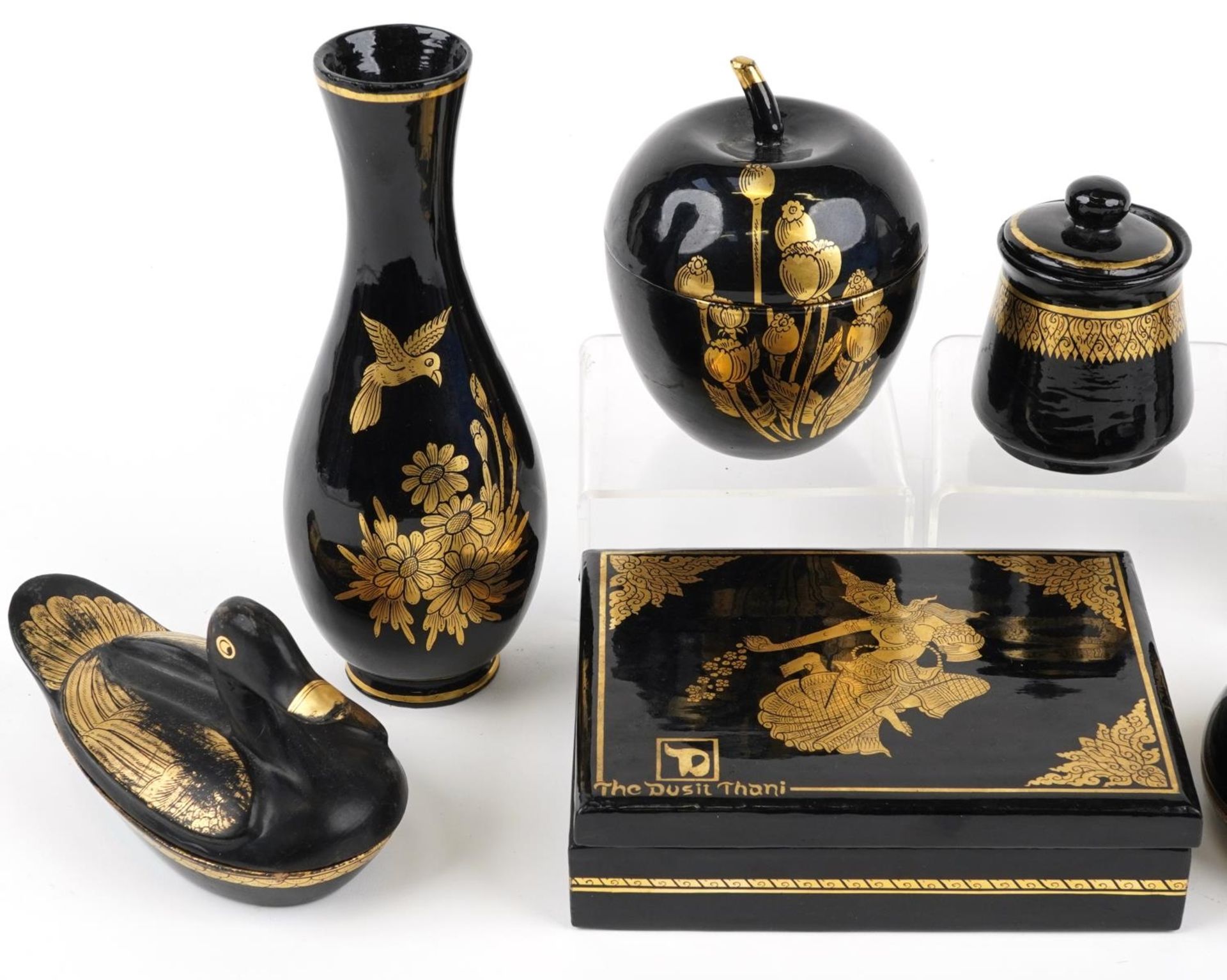 Burmese black lacquer including a rectangular box with lift off lid gilded with a deity and a - Image 2 of 4