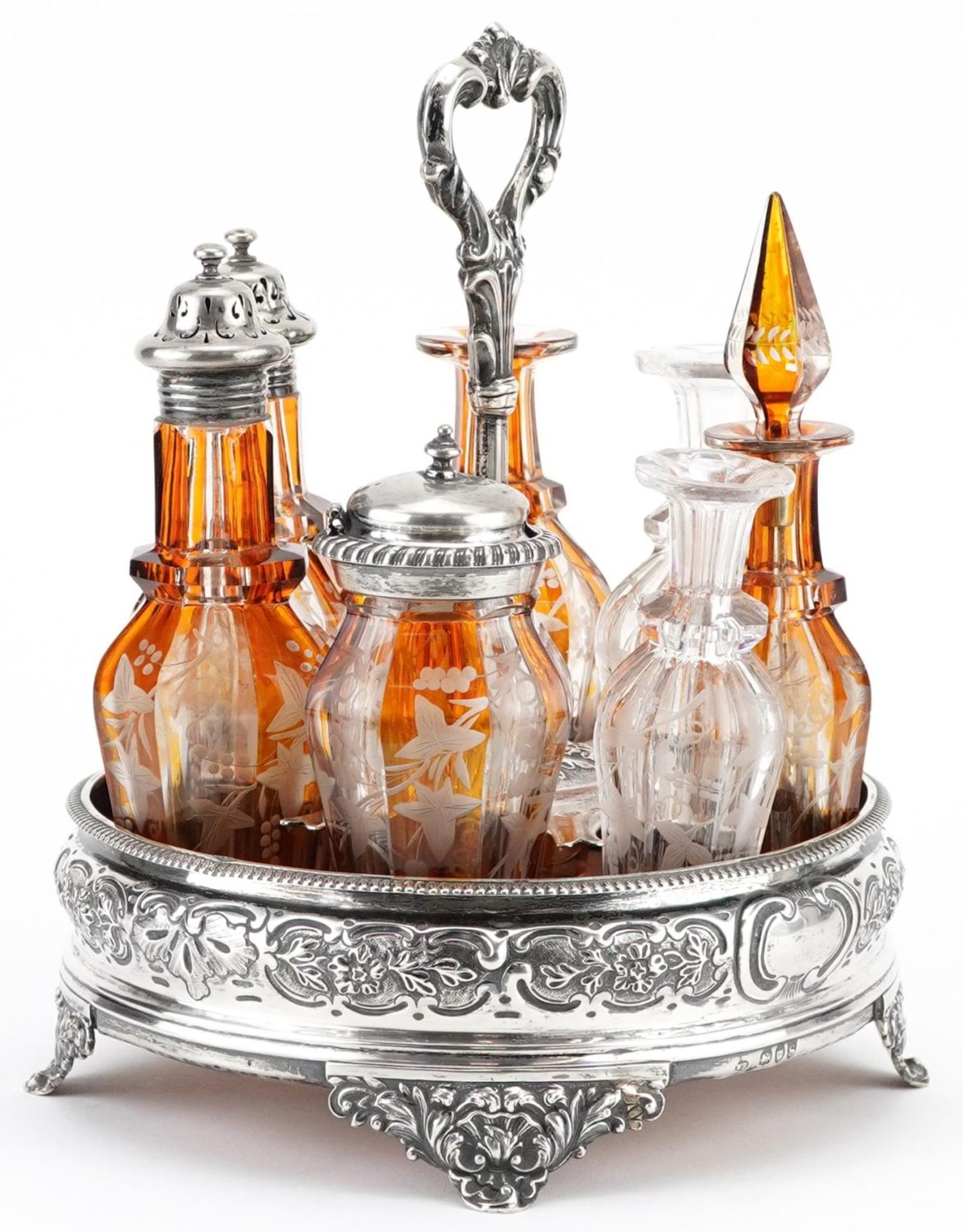 William Evans, Victorian silver six bottle cruet stand with six cut glass bottles including four - Image 2 of 8