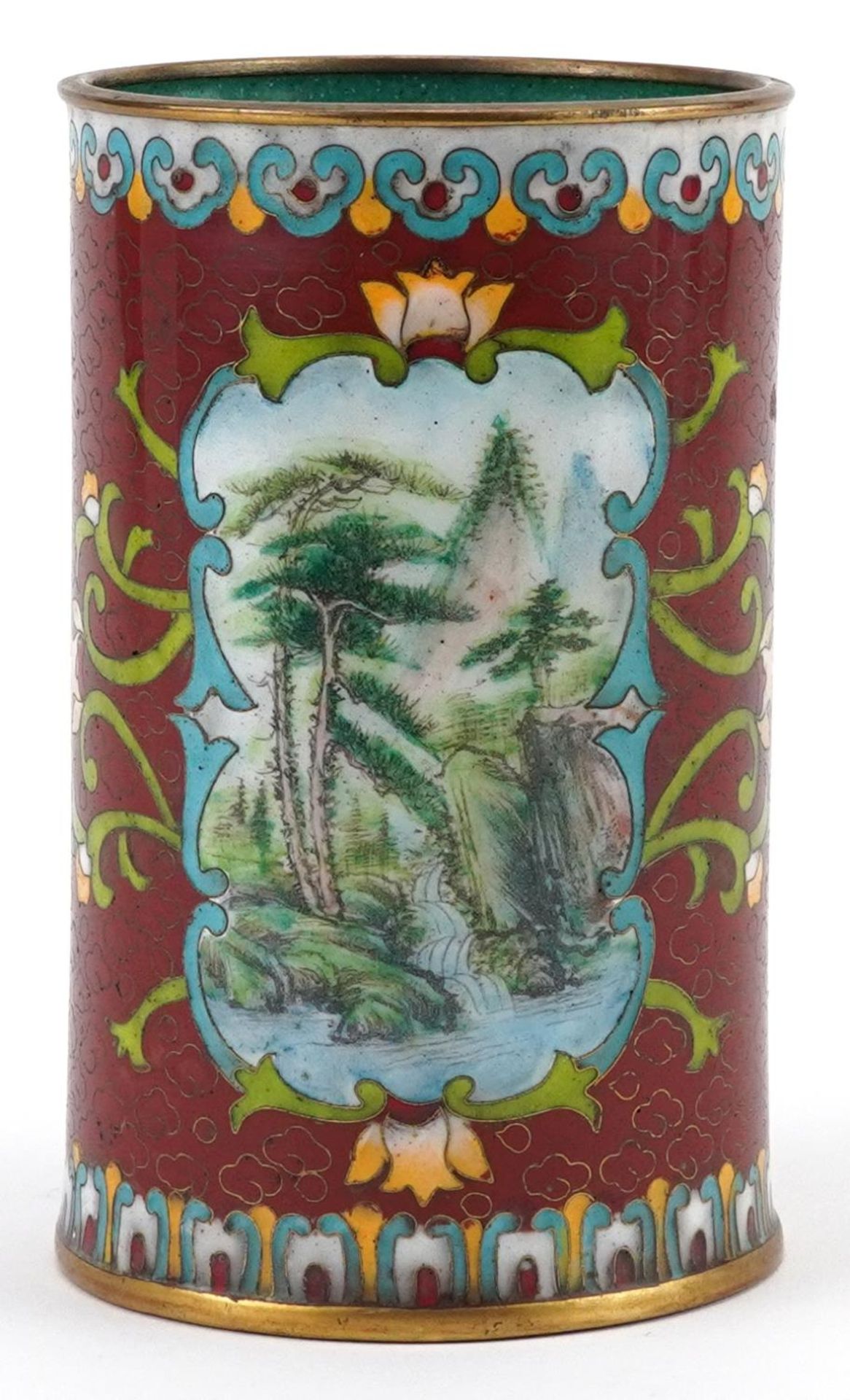 Japanese cloisonne cylindrical vase enamelled with flowers, hand painted with panels of Geisha in - Image 3 of 6