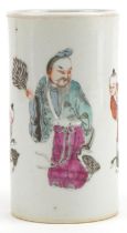 Chinese porcelain cylindrical brush pot hand painted in the famille rose palette with an emperor and