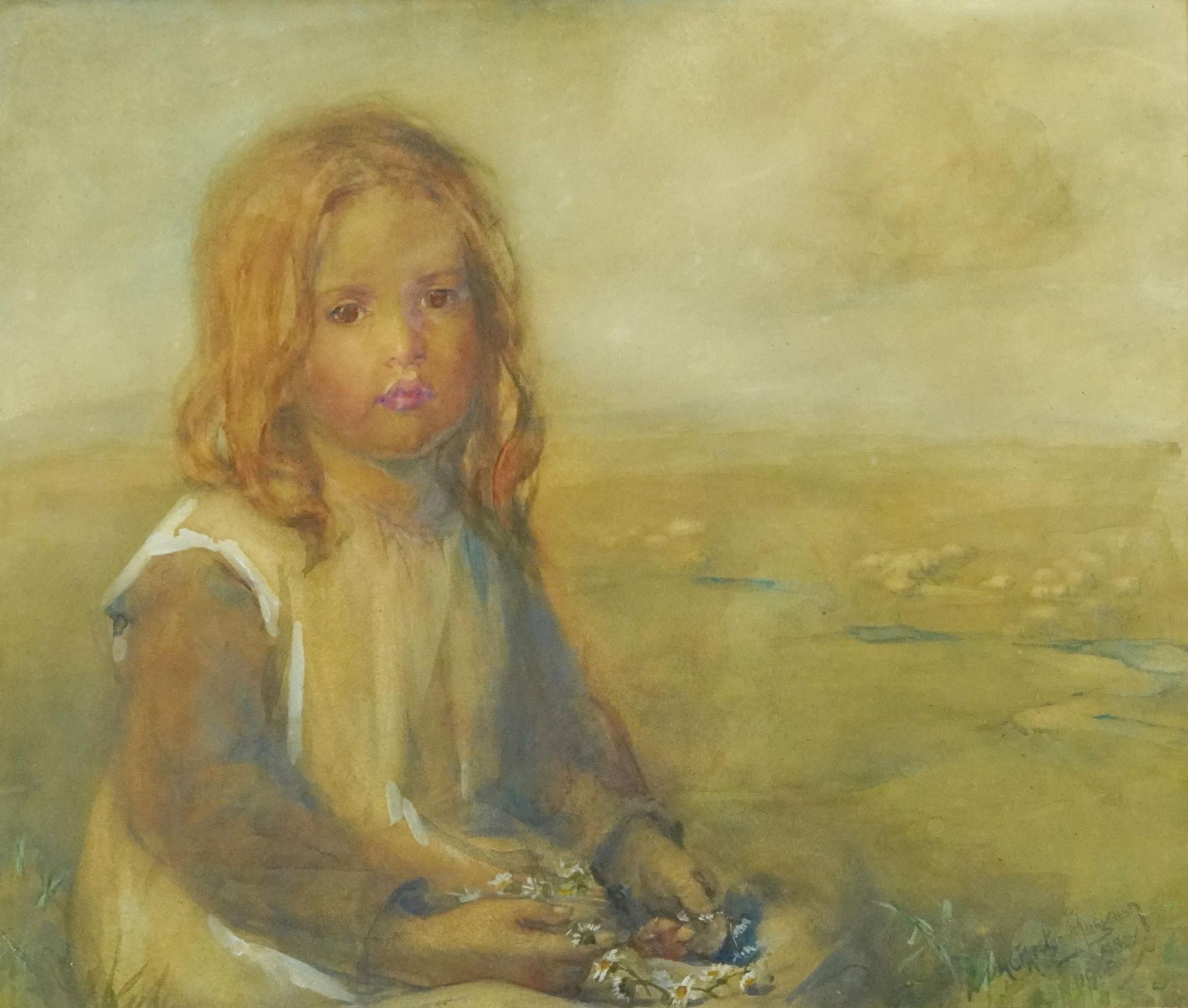 Hannah Clarke Preston MacGoun 1908 - Portrait of a young girl holding a daisy chain, Scottish school