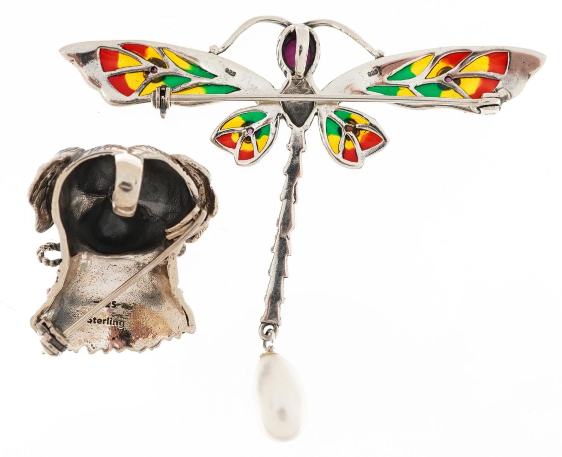 Two sterling silver brooches comprising a plique a jour enamel, marcasite, ruby and pearl - Image 2 of 3
