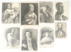 Folio of Russian school pencil portraits including young female holding a ferret, unframed, the