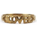 9ct gold LOVE ring with pierced love heart shoulders, size L, 1.1g