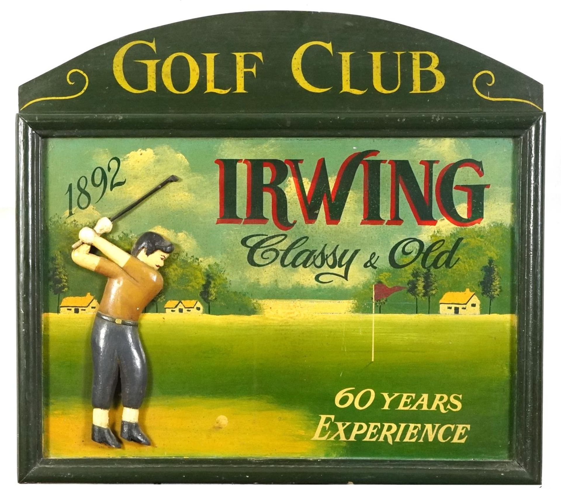 Irwin Classy & Old Golf Club hand painted wooden advertising panel, 57cm x 51cm