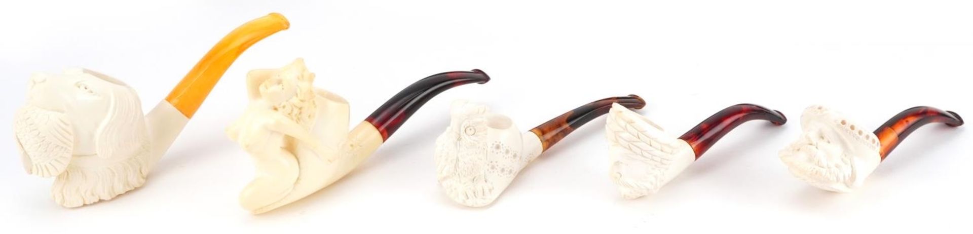 Five smoking interest block Meerschaum pipes including examples with nude female and dog's head - Bild 4 aus 5