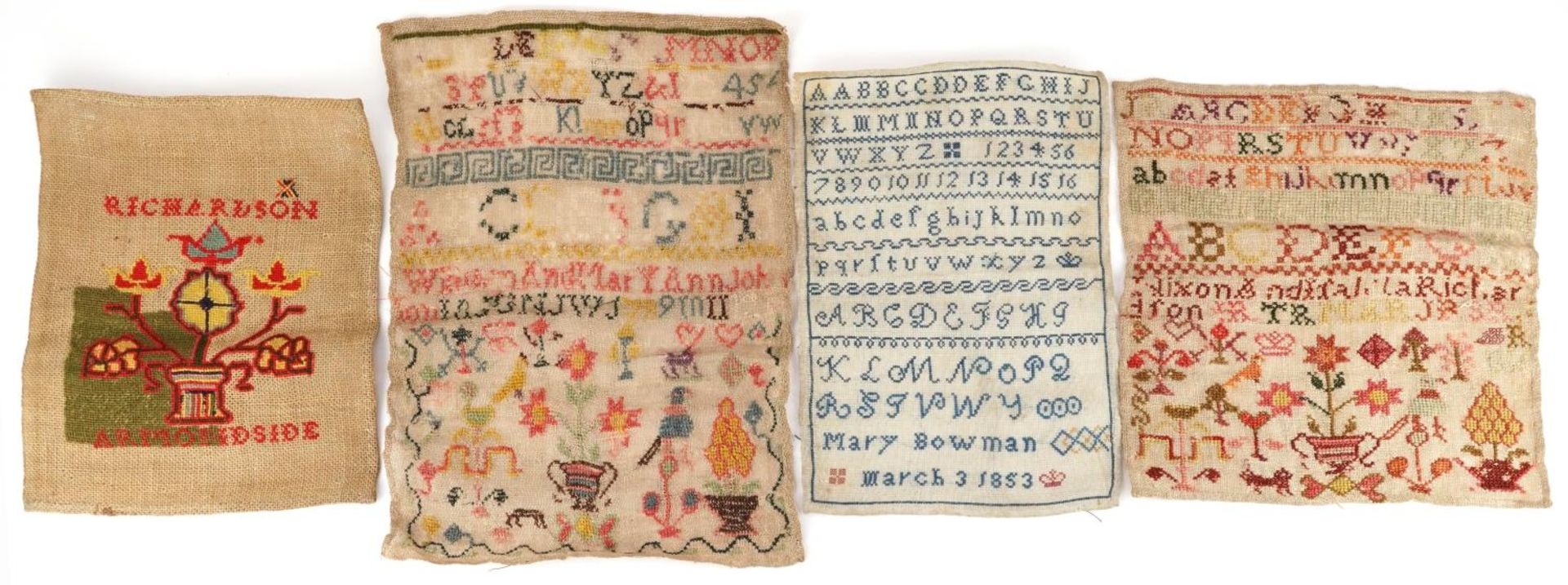Four Victorian and later needlework samplers including an example worked by Mary Bowman, the largest