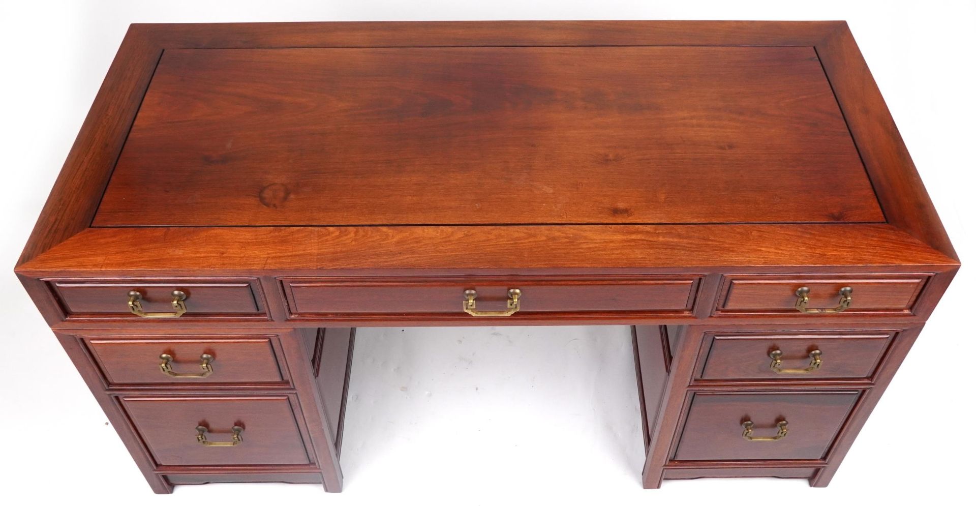 Chinese rosewood twin pedestal desk fitted with an arrangement of seven drawers, with matching - Image 3 of 7