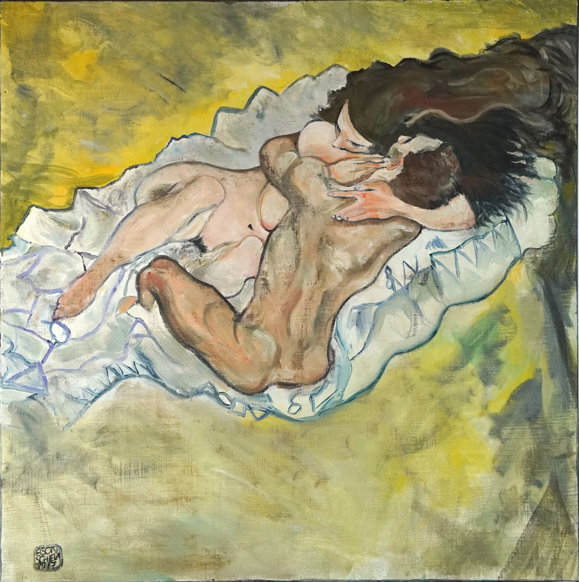 Clive Fredriksson after Egon Schiele - Nude lovers, contemporary oil on canvas, unframed, 100.5cm
