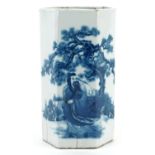 Chinese hexagonal blue and white porcelain vase hand painted with an emperor before a pine tree in a