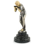After Victor Seifert, Art Deco style silvered and ivorine statuette of a thirsty young female raised