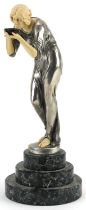 After Victor Seifert, Art Deco style silvered and ivorine statuette of a thirsty young female raised