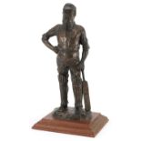 Neil Godfrey, cold cast bronze statue of a cricketer raised on a square mahogany base, overall