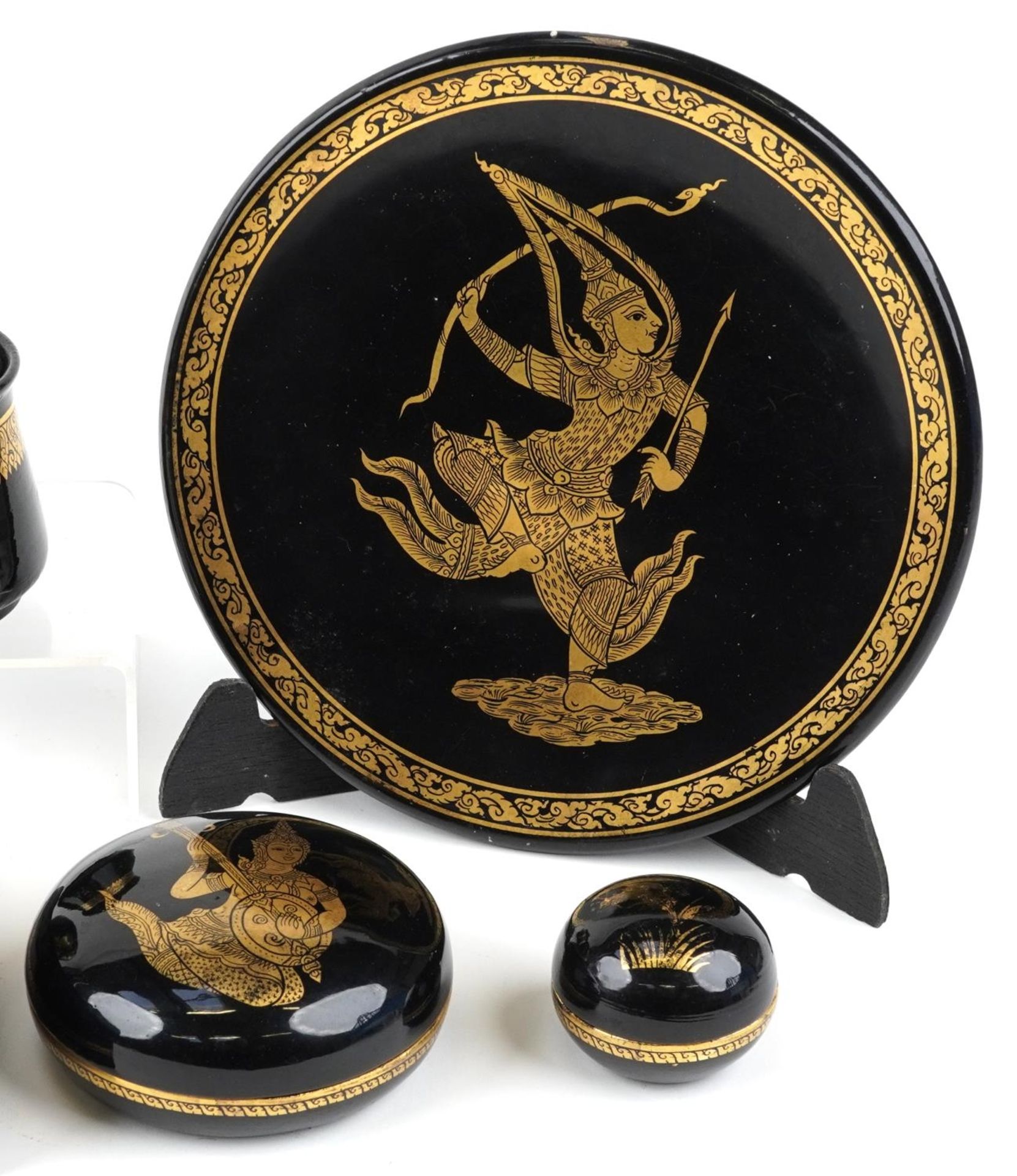 Burmese black lacquer including a rectangular box with lift off lid gilded with a deity and a - Image 3 of 4
