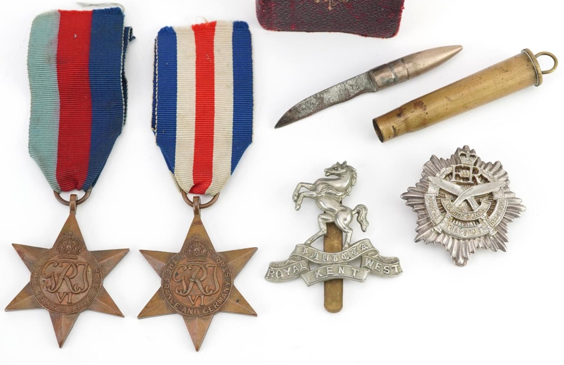 British militaria comprising two World War II medals, trench art bullet knife, Gurkha Transport - Bild 2 aus 3