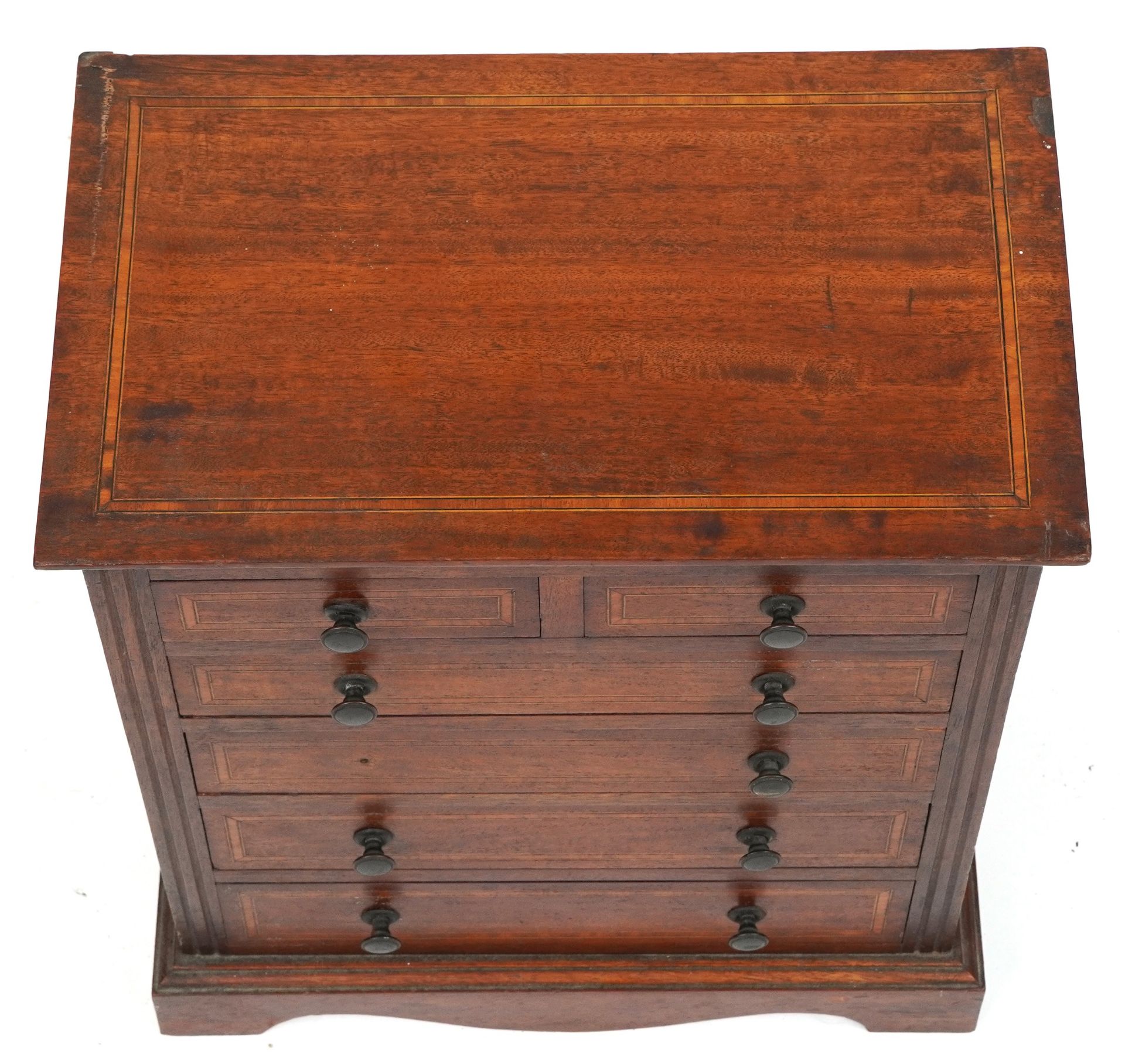 Early 20th century inlaid mahogany apprentice chest fitted with an arrangement of six drawers, - Image 3 of 4