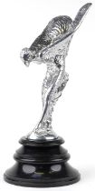 Large automobilia interest silvered metal Spirit of Ecstasy statues raised on a circular black