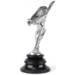 Large automobilia interest silvered metal Spirit of Ecstasy statues raised on a circular black