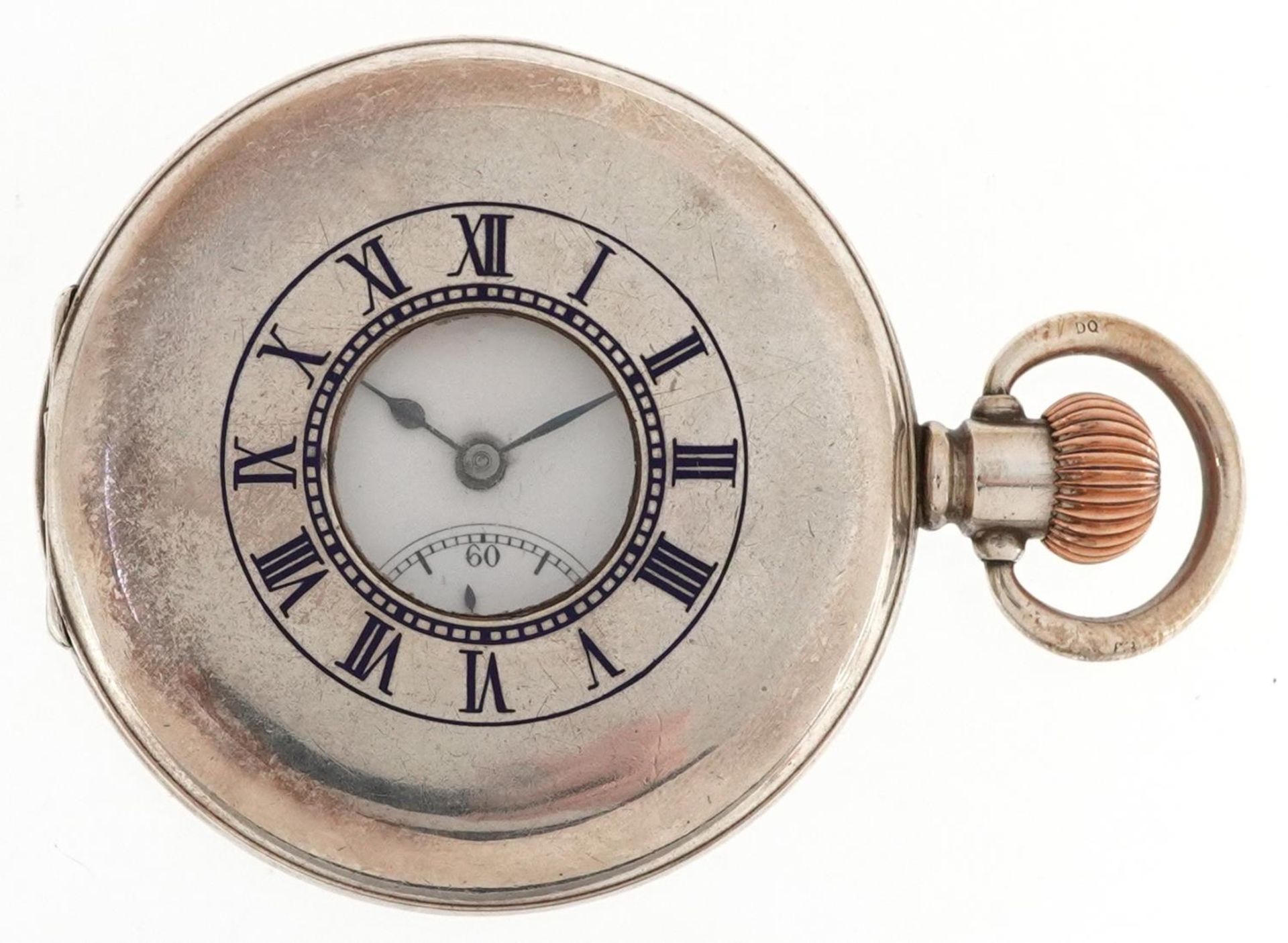 Cyma, George VI silver gentlemen's keyless half hunter pocket watch having enamelled and