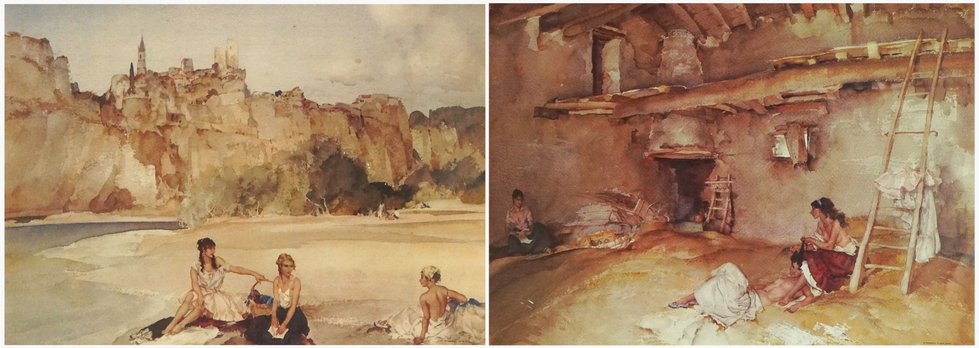 William Russell Flint - A Scrap of Newspaper and The First to Rise, pair of prints in colour,