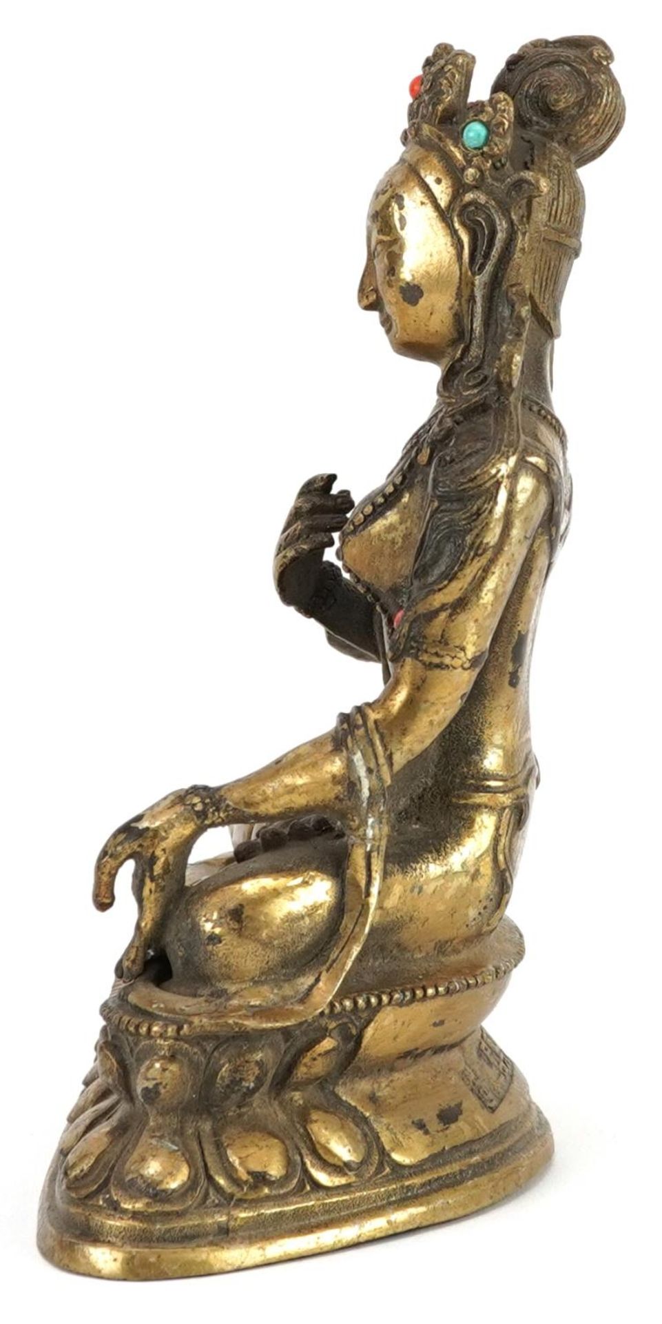 Chino Tibetan patinated bronze figure of seated Buddha with cabochons, character marks to the - Image 2 of 7