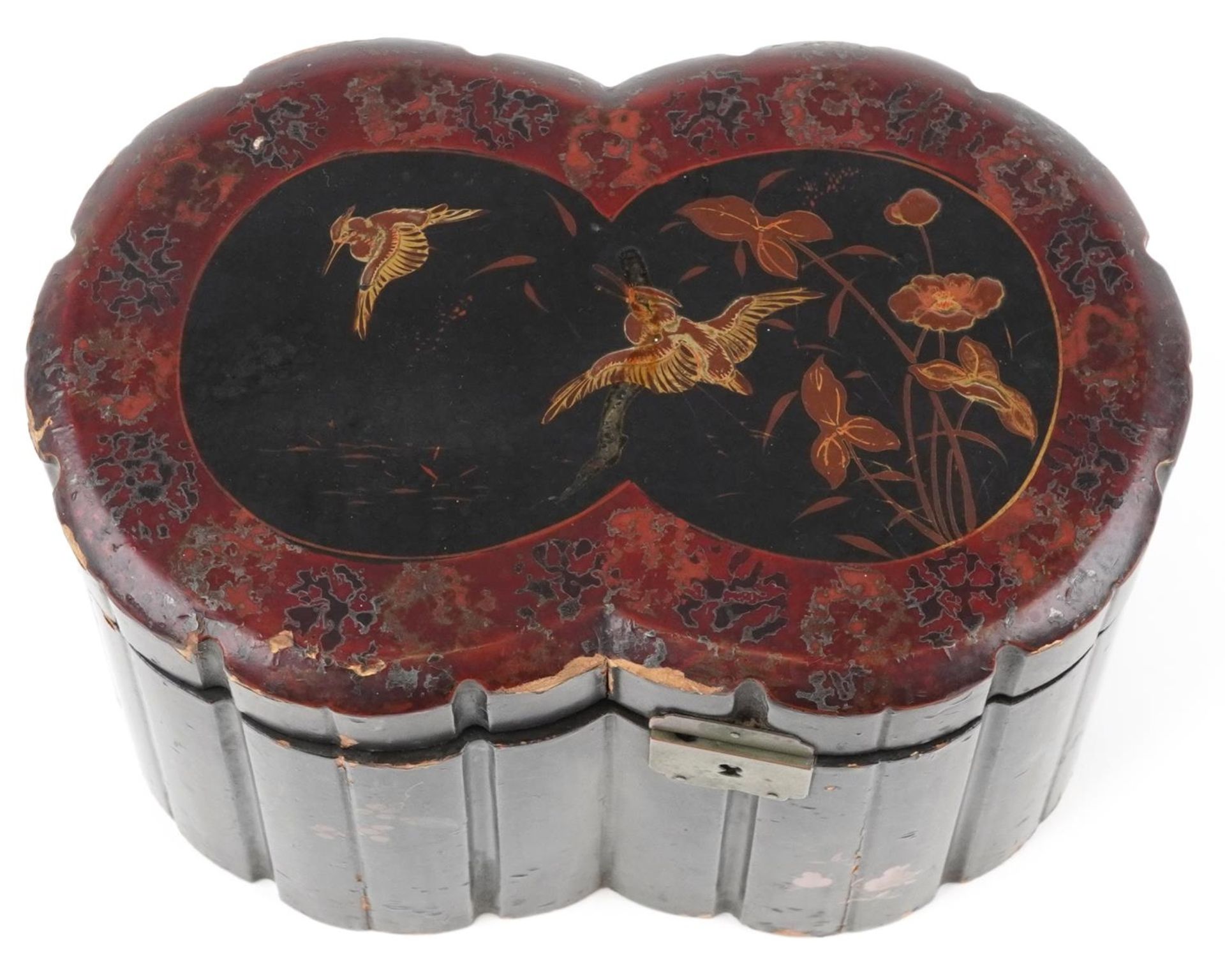 Japanese lacquered tea caddy with twin divisional interior gilded with birds amongst aquatic plants, - Image 4 of 8