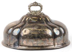 Large Victorian silver plated meat cover with acanthus design handle and engraved heraldic crest,