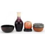 Chinese sundry items including a beehive water pot on hardwood stand having a spotted orange