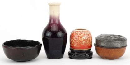 Chinese sundry items including a beehive water pot on hardwood stand having a spotted orange