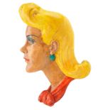 Art Deco hand painted plaster wall mask in the form of a female, 29cm high