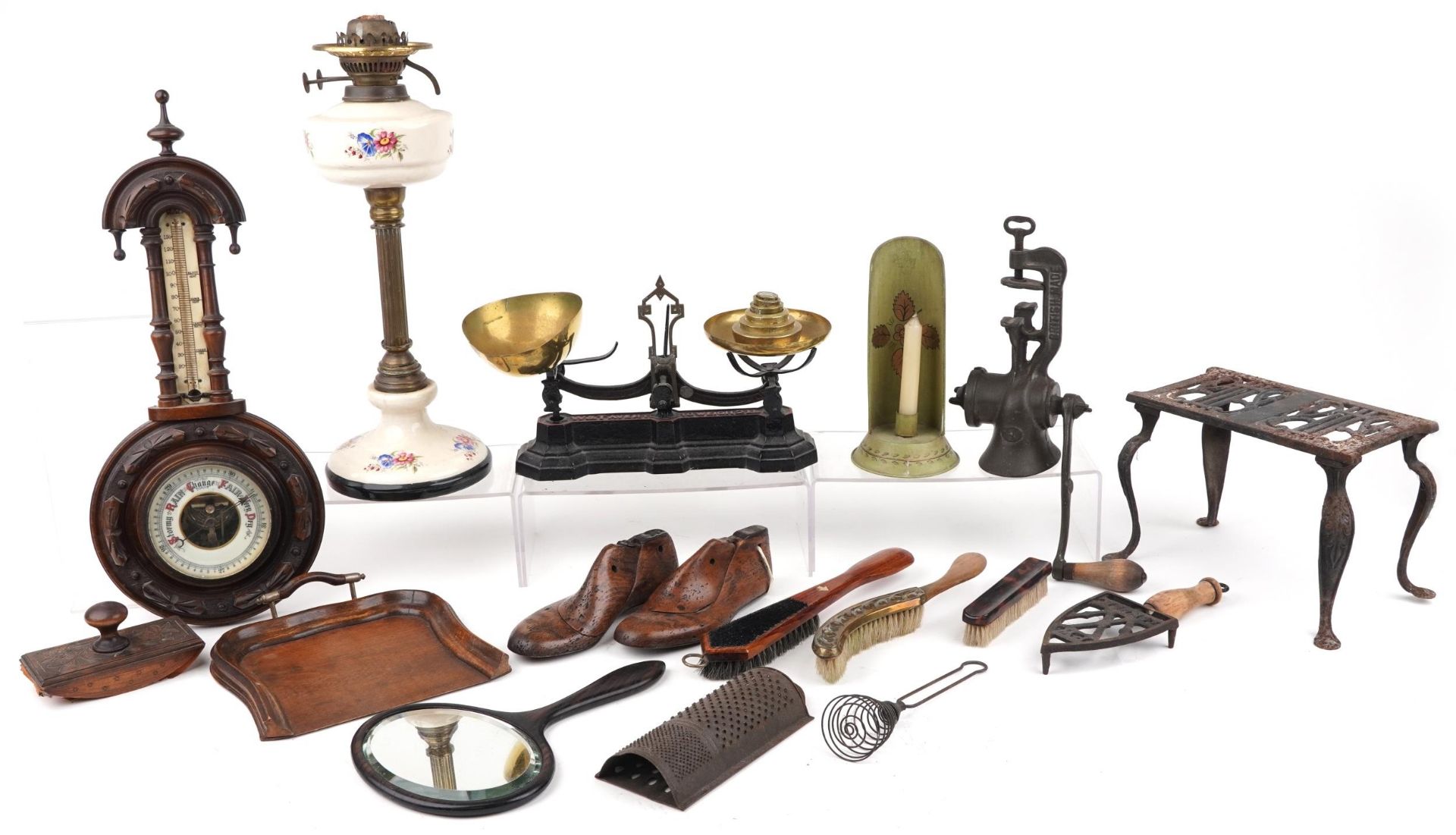 19th century and later sundry items including oil lamp, carved walnut wall barometer, set of W & T