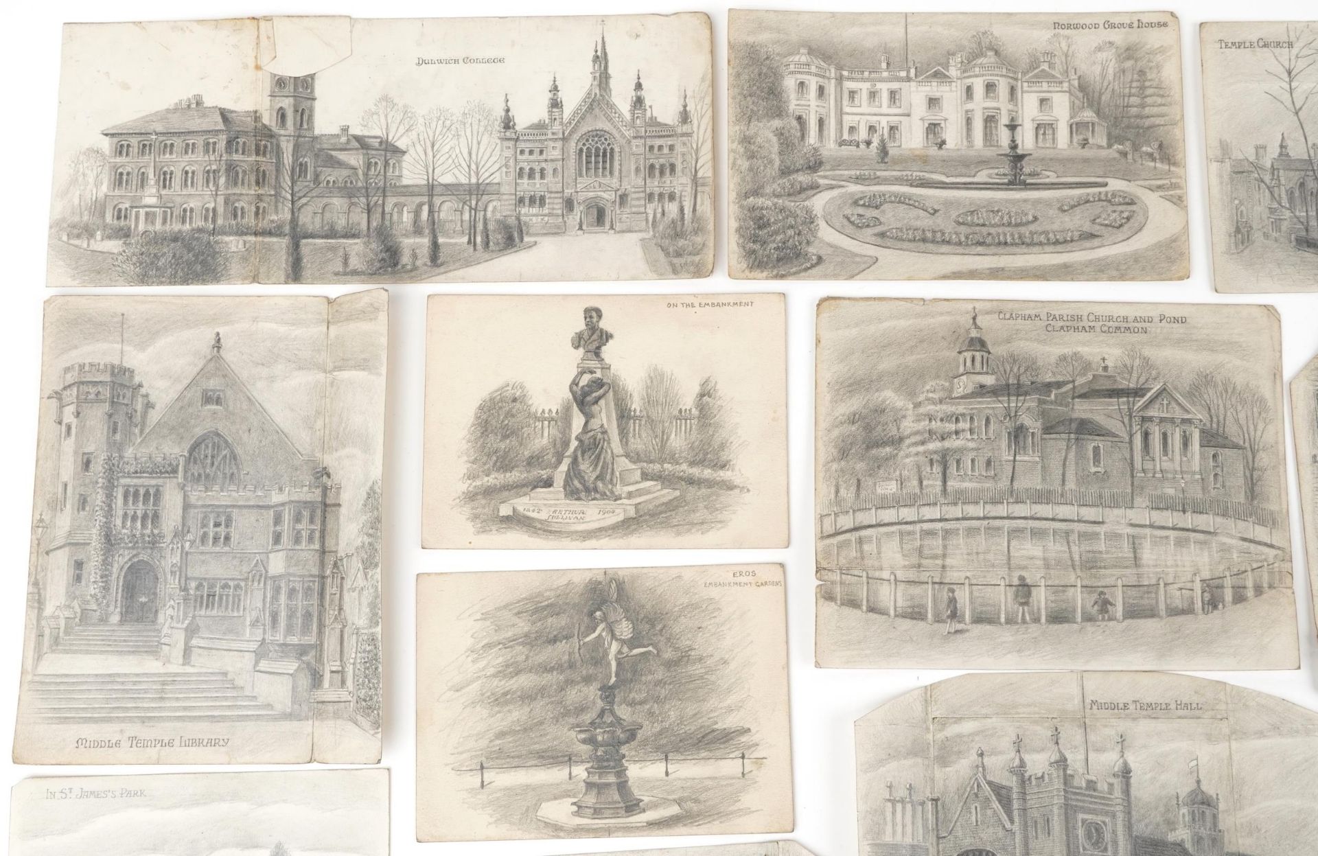 Fifteen early 20th century architectural pencil drawings on card of Embankment London including - Bild 2 aus 7