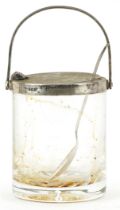 K M Silver, Elizabeth II Scottish silver mounted glass preserve jar with mechanical action swing