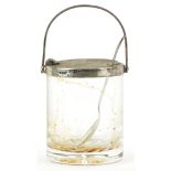 K M Silver, Elizabeth II Scottish silver mounted glass preserve jar with mechanical action swing