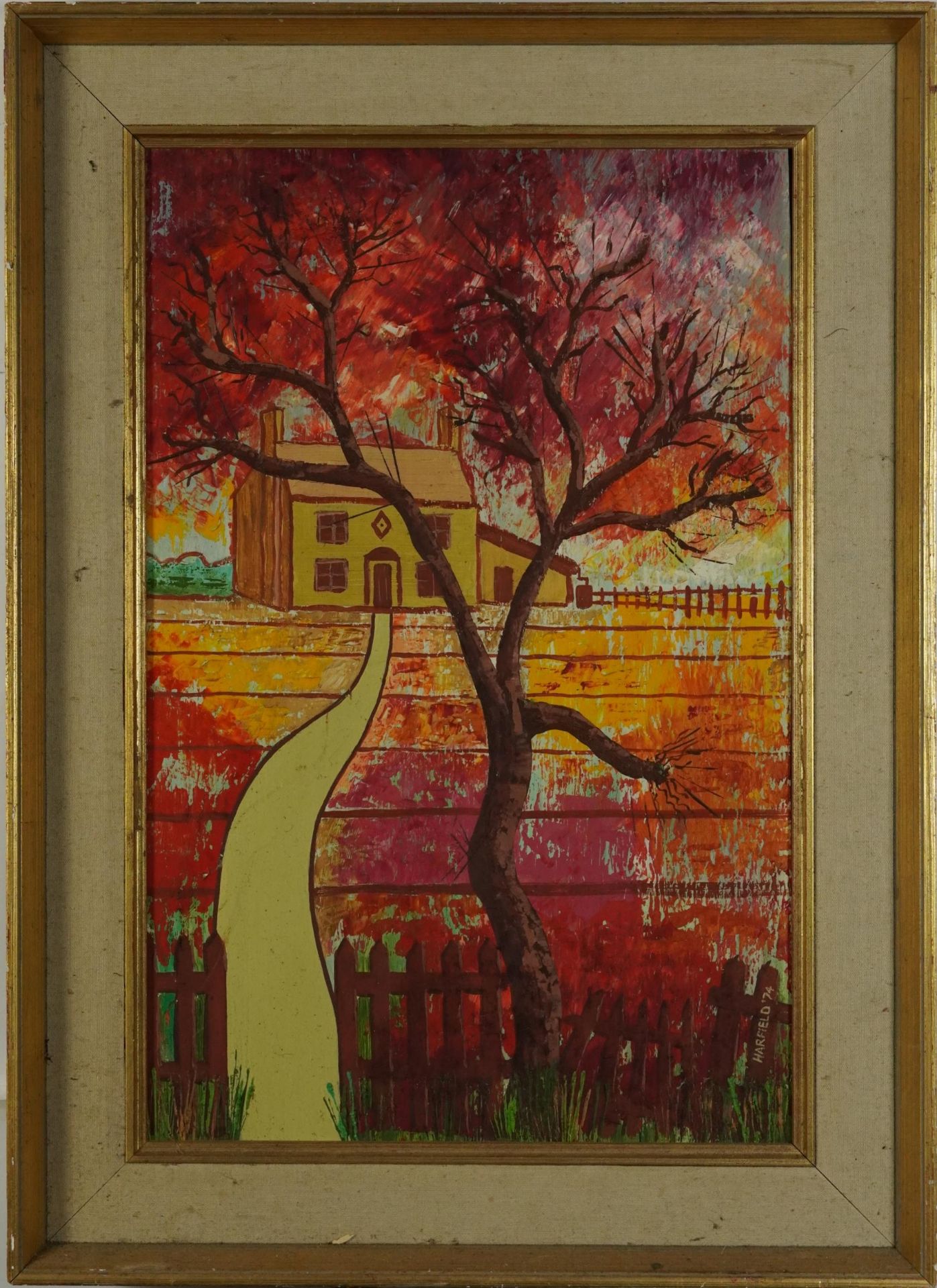 Harfield 1974 - Path beside tree with farmhouse, oil on board, mounted and framed, 57.5cm x 37cm - Image 2 of 4